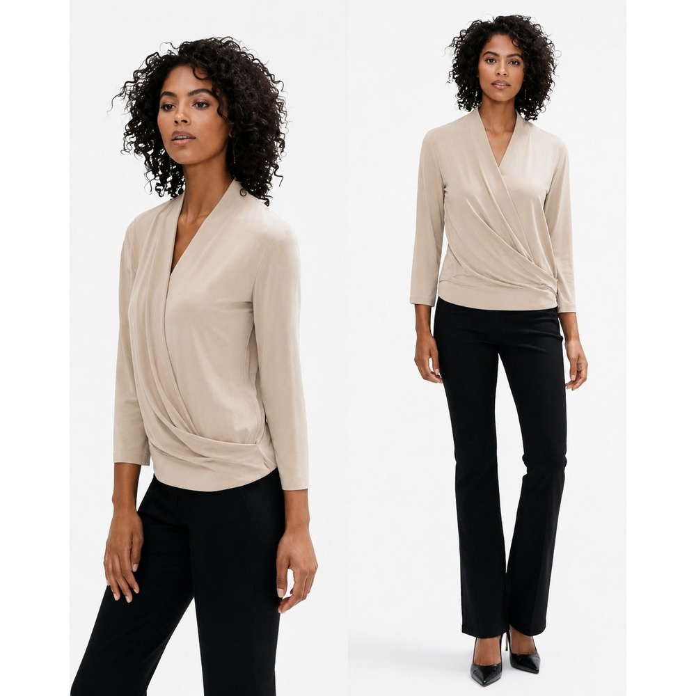 M.M. LaFleur Women's Deneuve 2.0 Italian Knit Crepe Wrap Top‎ Beige- Small